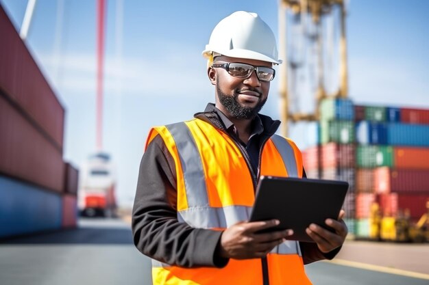 Foto portret van een glimlachende afro-amerikaanse industriële ingenieur in een witte harde hoed en werkend op een tablet pc foreman of supervisor in een containerterminal