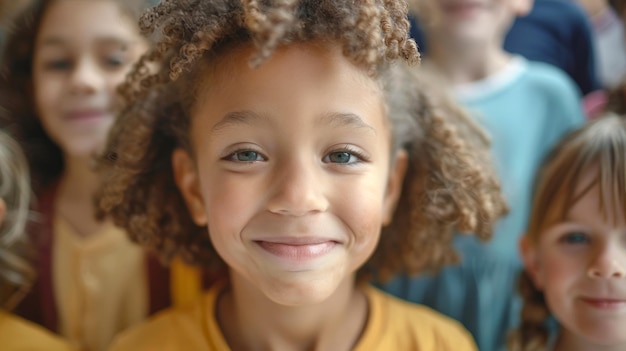 Foto portret van een glimlachende afro-amerikaanse jongen met krullend haar die naar de camera kijkt