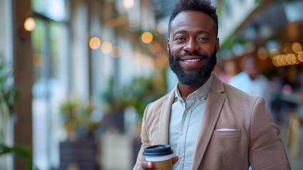 Foto portret van een glimlachende afro-amerikaanse man met een koffiekop in de stad