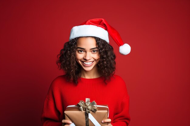 Portret van een glimlachende Afro-Amerikaanse vrouw in een kersthoed met een geschenkdoos geïsoleerd op een rode achtergrond