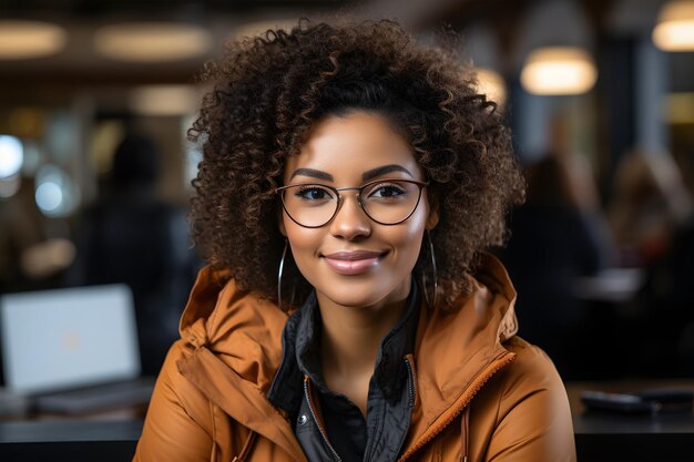 Portret van een glimlachende Afro-Amerikaanse vrouw met een bril in een café.