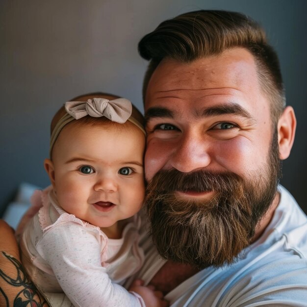 Portret van een glimlachende baarde vader die zijn baby dochter vasthoudt