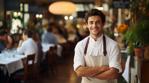 Portret van een glimlachende chef-kok in een restaurant