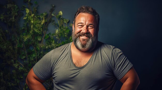 Foto portret van een glimlachende dikke man in een grijs t-shirt