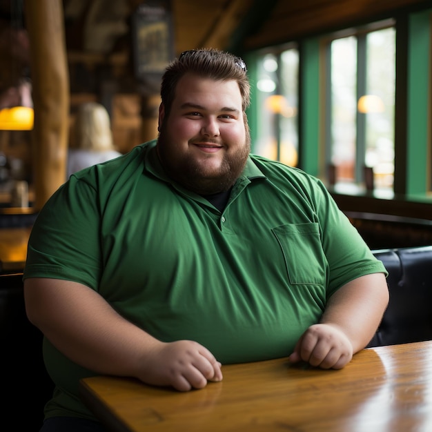 Portret van een glimlachende dikke man in een groen t-shirt in een café