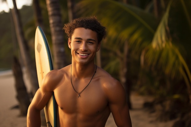 Portret van een glimlachende en gelukkige jonge man van gemengd ras met een surfplank aan de rand van het strand voordat hij gaat surfen op de golven in Brazilië