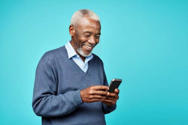 Portret van een glimlachende gelukkige baarde Afrikaanse senior zakenman met grijs haar die naar een mobiele telefoon kijkt