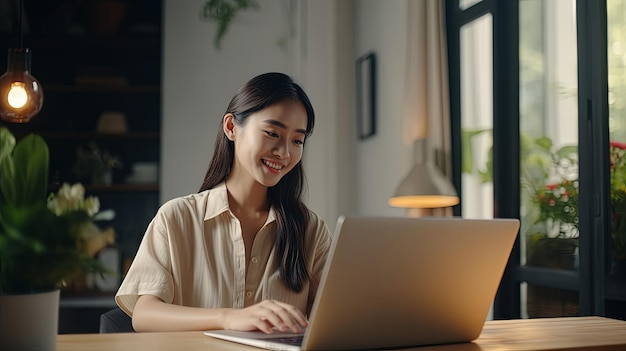Portret van een glimlachende, gelukkige, mooie Aziatische vrouw die ontspant met behulp van de technologie van een laptop terwijl ze op tafel zit. Jong creatief meisje dat thuis aan het werk is en op het toetsenbord schrijft.