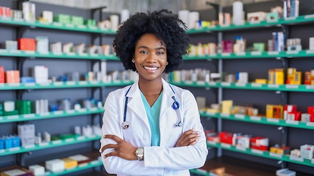 Portret van een glimlachende gezondheidszorgmedewerker in een moderne apotheek