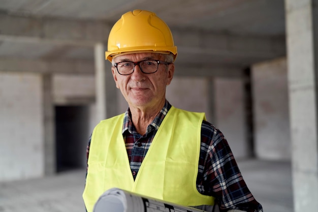 Portret van een glimlachende ingenieur die op de bouwplaats staat