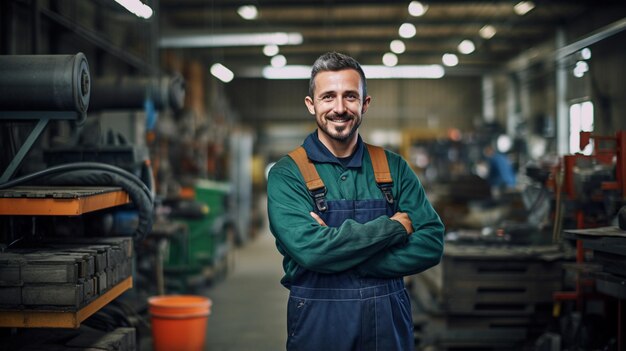 portret van een glimlachende jonge man die een beschermende helm en veiligheidsvest draagt en in een fabriek staat