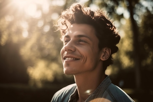 Portret van een glimlachende jonge man die op een zonnige dag in het park wegkijkt