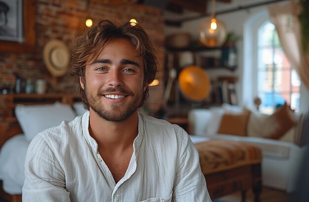 Portret van een glimlachende jonge man in een casual wit hemd binnen met een gezellige rustieke achtergrond