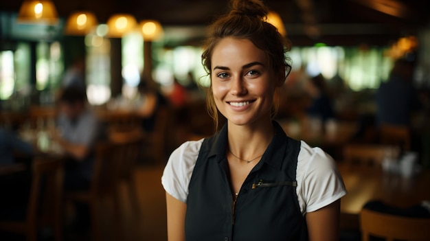Portret van een glimlachende jonge serveerster in een drukke restaurant