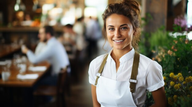 Foto portret van een glimlachende jonge serveerster in een restaurant