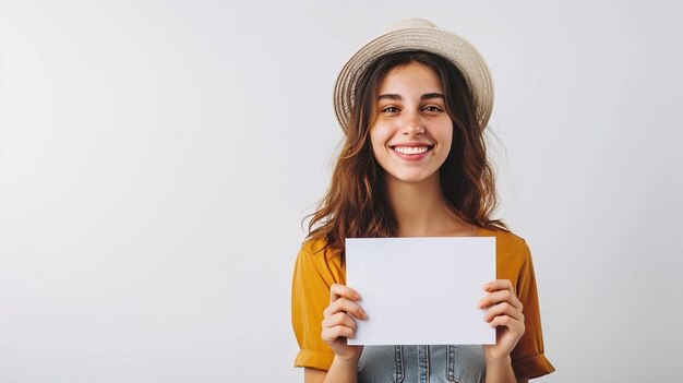 Portret van een glimlachende jonge volwassen vrouw met een blanco kaart