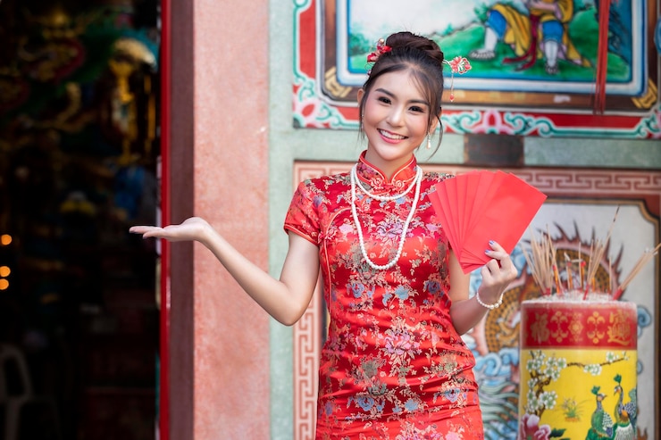 Foto portret van een glimlachende jonge vrouw in traditionele kleding