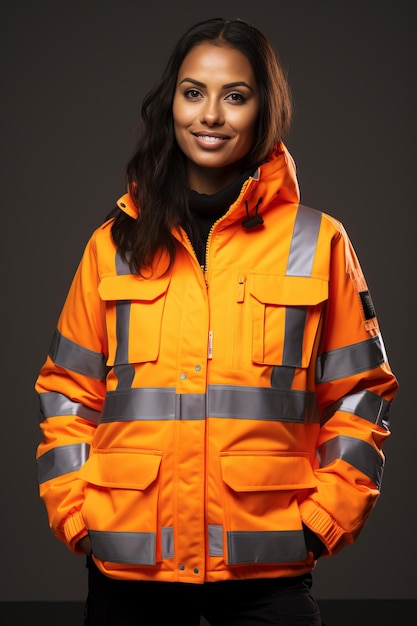 Portret van een glimlachende jonge vrouw met een hoog zichtbaar jasje