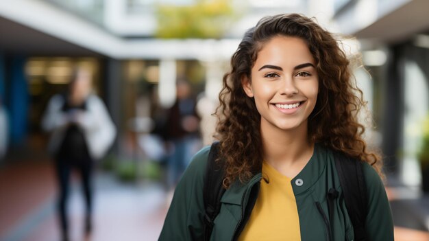 Portret van een glimlachende jonge vrouw met krullend haar