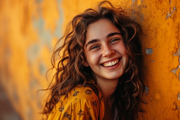 Portret van een glimlachende jonge vrouw tegen een gele muur