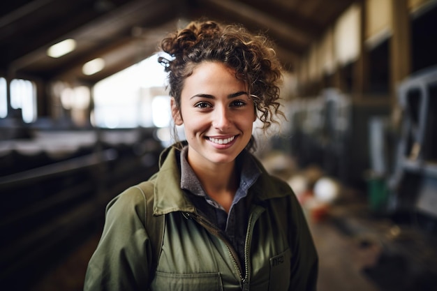 Portret van een glimlachende jonge vrouwelijke boer die in de stal staat en naar de camera kijkt