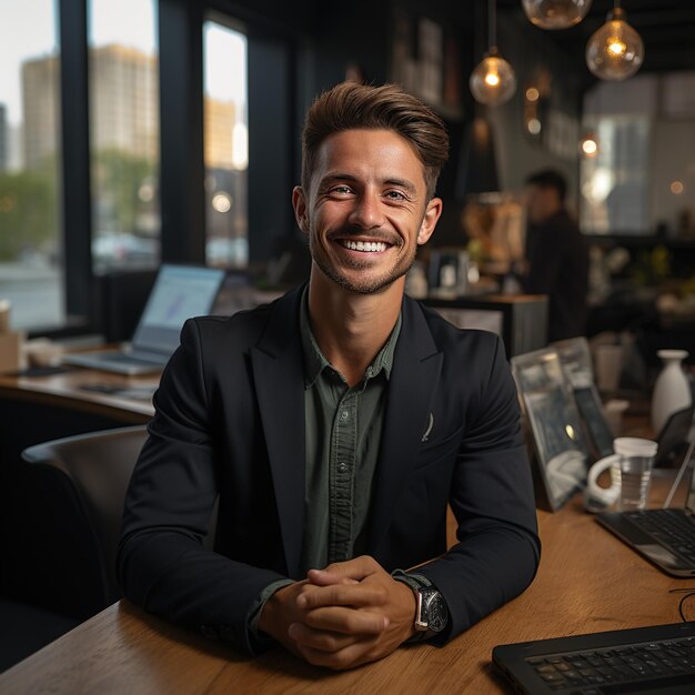 Portret van een glimlachende jonge zakenman die aan zijn bureau zit