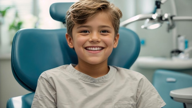 Portret van een glimlachende jongen die in een tandheelkundige stoel zit in de tandheelkondige kliniek
