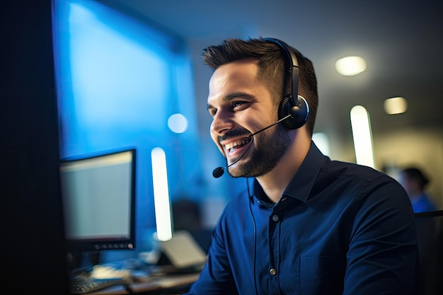 Portret van een glimlachende klantondersteuningsmedewerker aan het werk in een callcenter Gelukkige callcenteragent die een computer gebruikt terwijl hij communiceert met klanten op kantoor AI gegenereerd