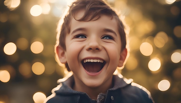 Portret van een glimlachende kleine jongen in een blauwe jas op een achtergrond van lichten