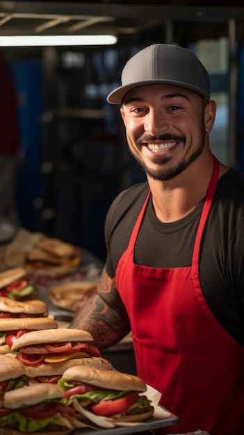 Portret van een glimlachende kok in een rode schort