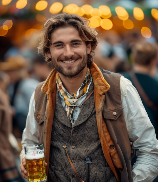 Foto portret van een glimlachende man die een bier vasthoudt