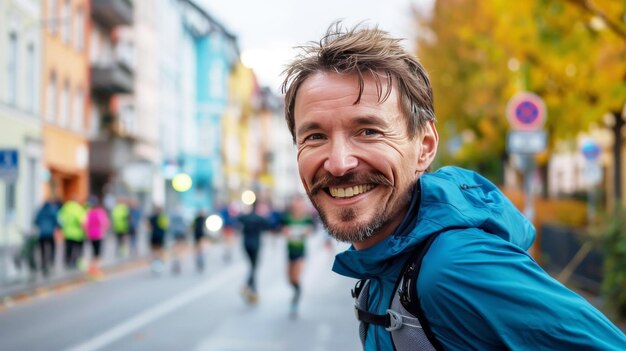 Portret van een glimlachende man die in een stadsmarathon loopt