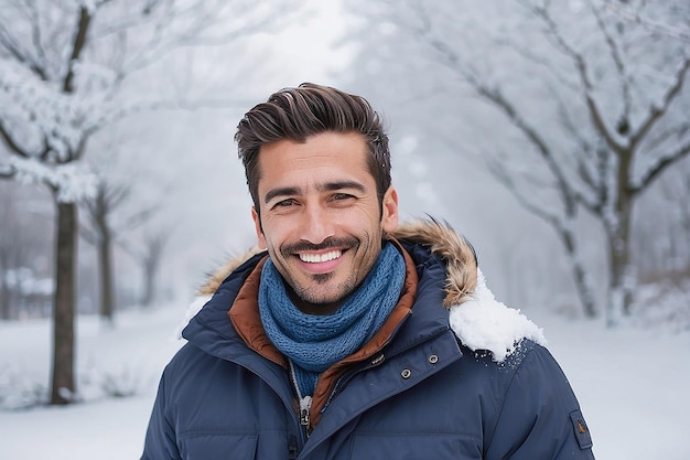 Portret van een glimlachende man in de sneeuw