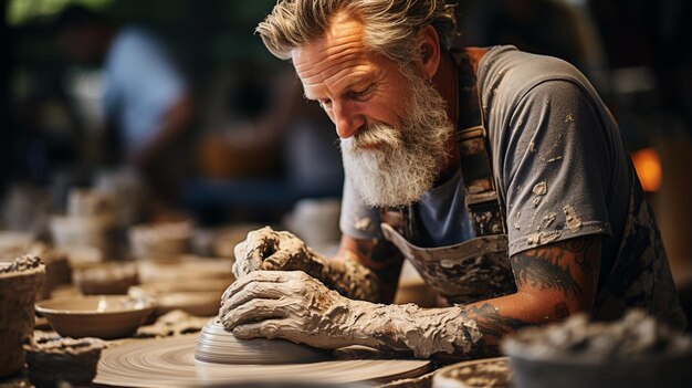 Foto portret van een glimlachende man in een schort die in een werkplaats werkt