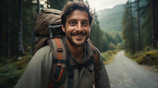 Portret van een glimlachende man met een rugzak op een bergweg