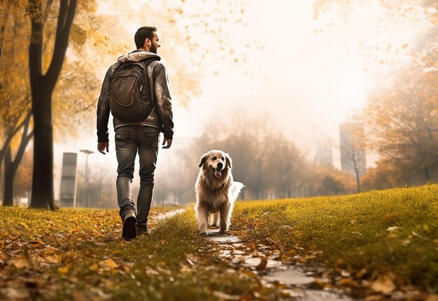 Foto portret van een glimlachende man met zijn hond in het natuurpark