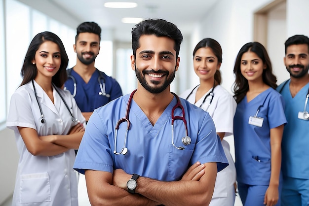 Portret van een glimlachende man uit het Midden-Oosten verpleegster met stethoscoop die naar de camera kijkt Jonge dokter die glimlacht terwijl hij in de gang van het ziekenhuis staat met het gezondheidszorgteam op de achtergrond Succesvolle Indiase chirurg