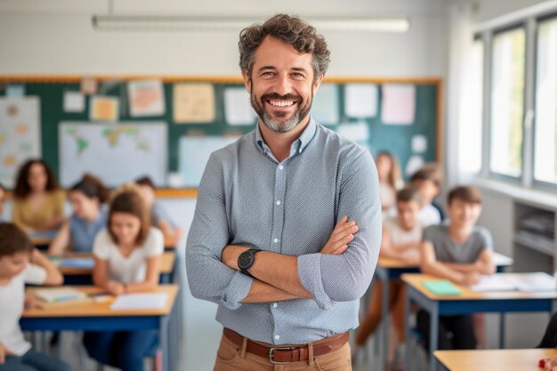 Portret van een glimlachende mannelijke leraar in een klas op de basisschool die naar de camera kijkt