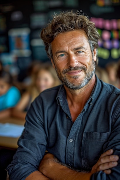 Portret van een glimlachende mannelijke leraar in een klaslokaal van een basisschool
