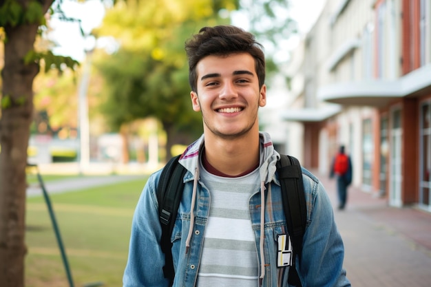 Portret van een glimlachende mannelijke student die met zijn handen in zijn zakken staat op de campus van een middelbare school