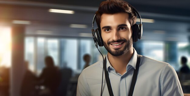 Foto portret van een glimlachende mannelijke telefoniste voor klantenondersteuning op kantoor callcenter en klantenservice