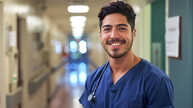 Portret van een glimlachende mannelijke verpleegster die in een ziekenhuiscorridor staat