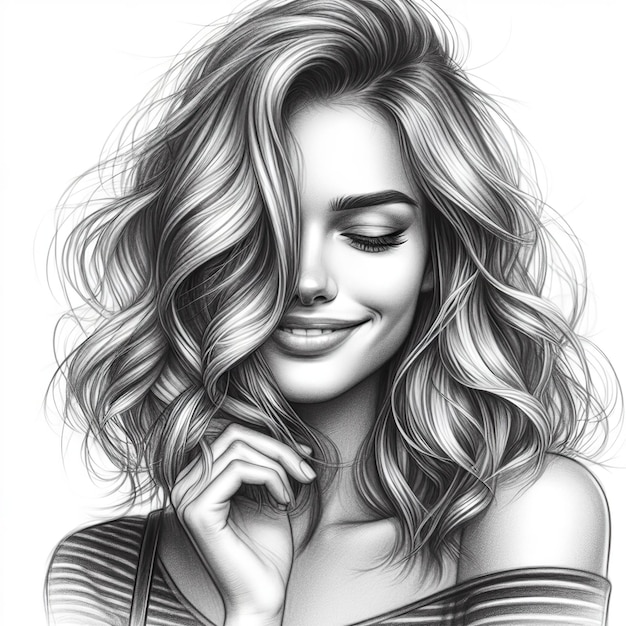 Portret van een glimlachende mooie vrouw met fladderend haar Potlood tekening