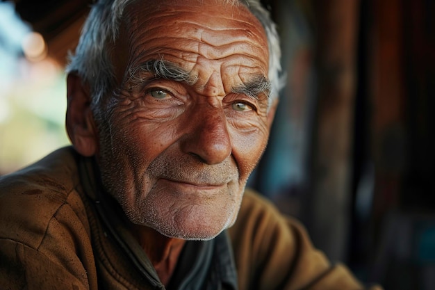 Portret van een glimlachende oude man met een gerimpeld gezicht