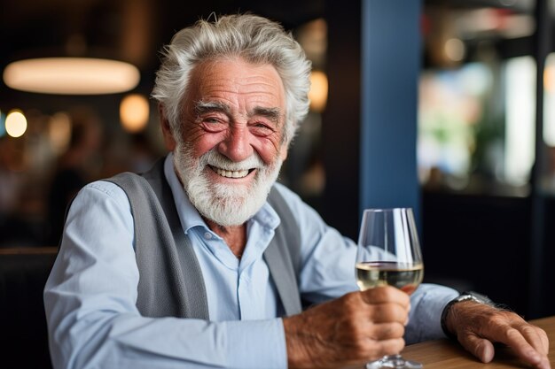 Portret van een glimlachende oudere man die een drankje drinkt in een restaurant