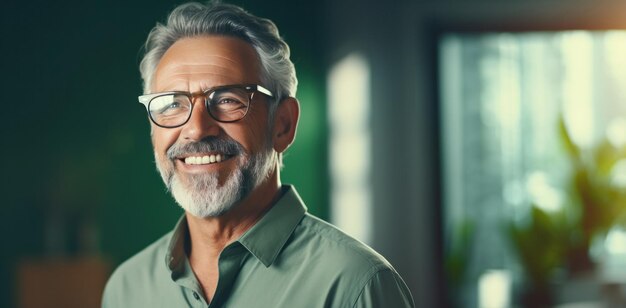 Portret van een glimlachende oudere man met kopieerruimte