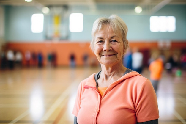 Portret van een glimlachende oudere vrouw die met gekruiste armen in een sportzaal staat