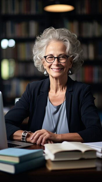 Portret van een glimlachende oudere vrouwelijke professor die aan haar bureau in een bibliotheek zit