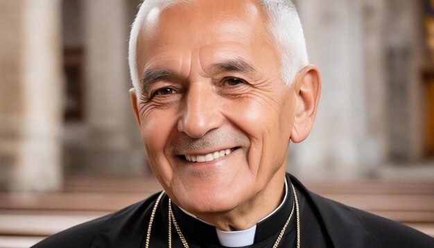 Portret van een glimlachende priester in een kerk