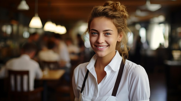 Portret van een glimlachende serveerster in een druk restaurant